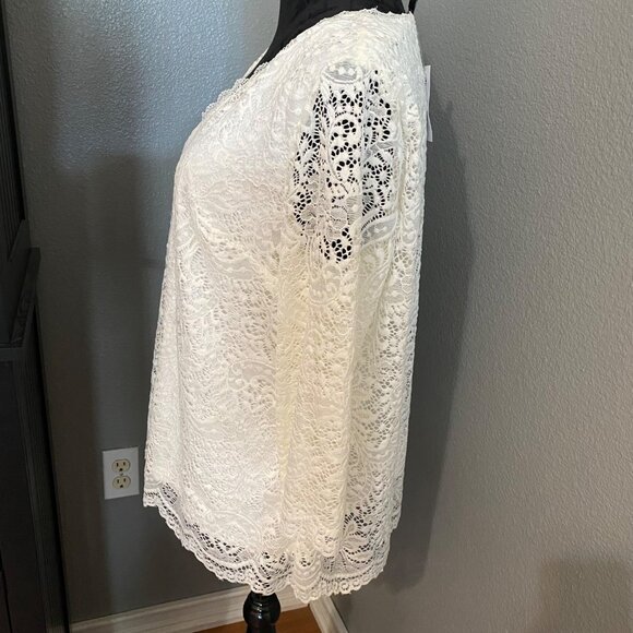 Roz & Ali Blouse Size Large Off White Lace V-Neck Paisley Top Lined Cottagecore - Picture 7 of 10